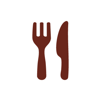 A simple brown icon of a fork and knife side by side on a light gray background, representing dining or food.