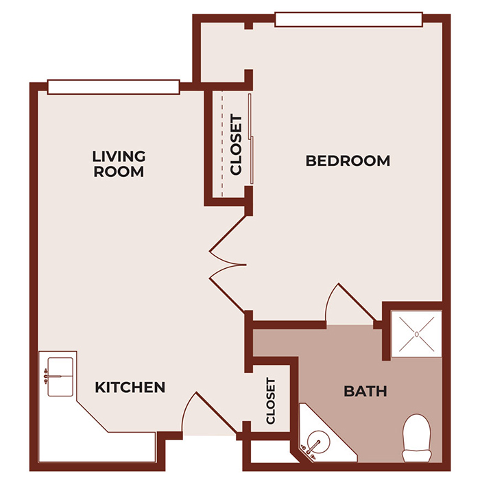 Simple one-bedroom apartment floor plan featuring a living room, kitchen, bedroom with closet, and bathroom with a toilet, sink, and shower. There is an additional closet in the hallway near the bathroom.