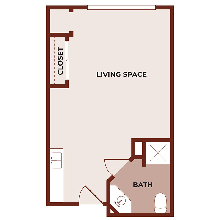 Floor plan of a studio apartment with a main living space, a closet on the left, a kitchen area near the entrance, and a bathroom with a sink, toilet, and shower in the bottom right corner.