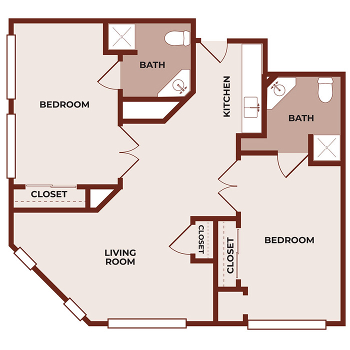 A two-bedroom apartment floor plan with a living room, kitchen, two bathrooms, and closets in each bedroom. The layout is open, with bedrooms and bathrooms on opposite sides for privacy.