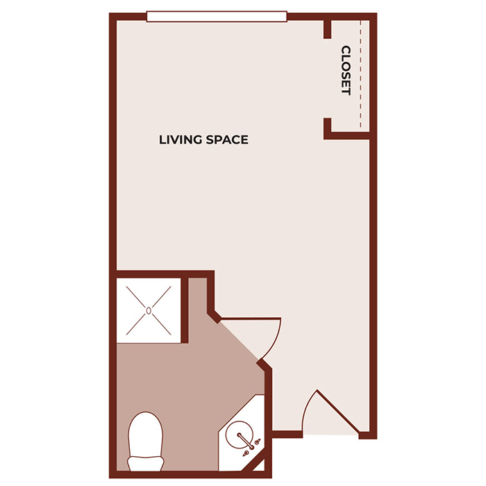 A simple floor plan showing a rectangular room labeled "Living Space" with a closet in the top right, and a bathroom with a toilet, sink, and shower in the bottom left corner. There are two interior doors.