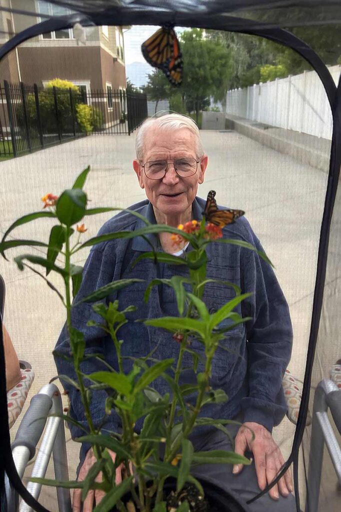 An elderly man sits in a wheelchair outside, smiling at the camera. In front of him is a mesh enclosure with flowers and two monarch butterflies perched inside. Trees, a fence, and a building are visible in the background.