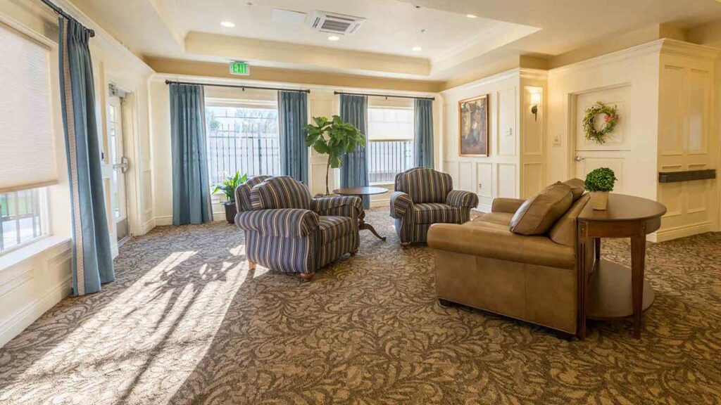 A cozy, sunlit lounge with patterned carpet, two striped armchairs, a brown sofa, potted plants, and large windows with beige curtains letting in natural light.