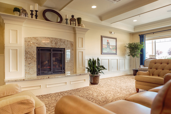 A cozy living room with a marble fireplace, tan upholstered chairs, a large window with blue curtains, indoor plants, and artwork on the wall, creating a warm and inviting atmosphere.