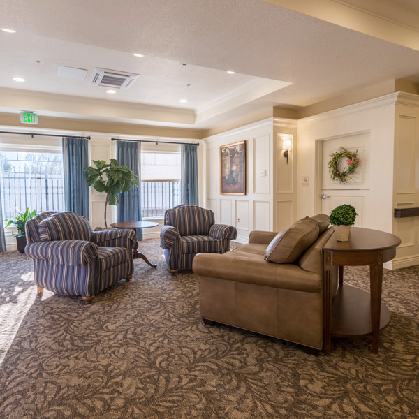 A cozy, well-lit living room with two striped armchairs, a brown leather sofa, a round wooden table, plants, and large windows covered with blue curtains letting in natural light.