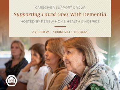 Four women sit attentively in a support group meeting. The text above them reads: “Supporting Loved Ones With Dementia, hosted by Renew Home Health & Hospice” with the event location in Springville, UT.