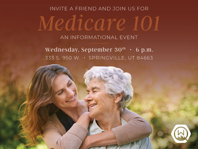 A young woman hugs an older woman outdoors, both smiling. Text invites people to a Medicare 101 informational event on September 30th at 6 p.m. in Springville, Utah.